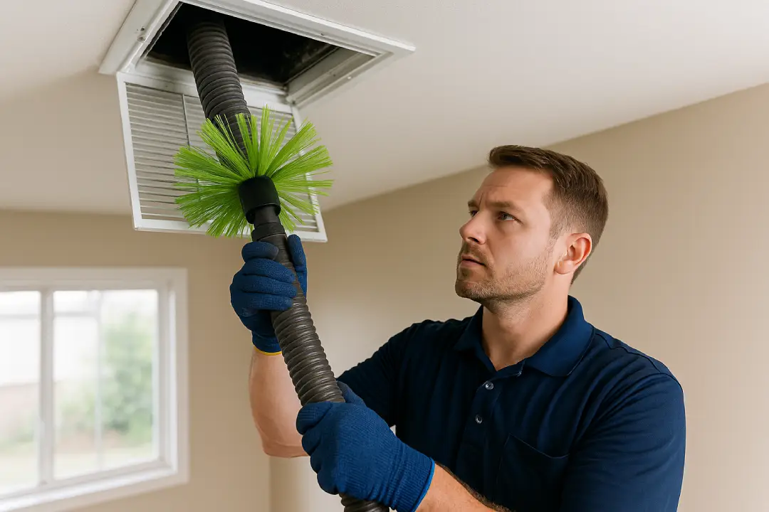 Technician using brush vacuum to clean ceiling HVAC vent in home
