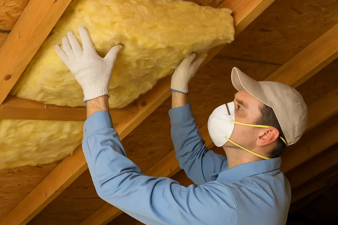 Technician placing fiberglass insulation in a wooden attic space
