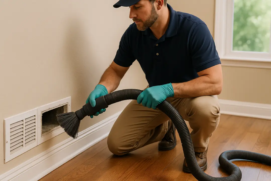 Technician cleaning an air duct vent in a Florida home using a vacuum brush