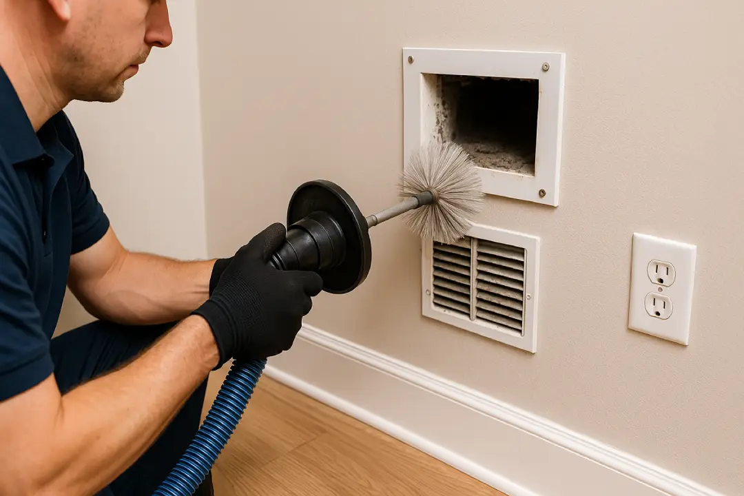 Technician cleaning a lint-filled dryer vent using professional tools