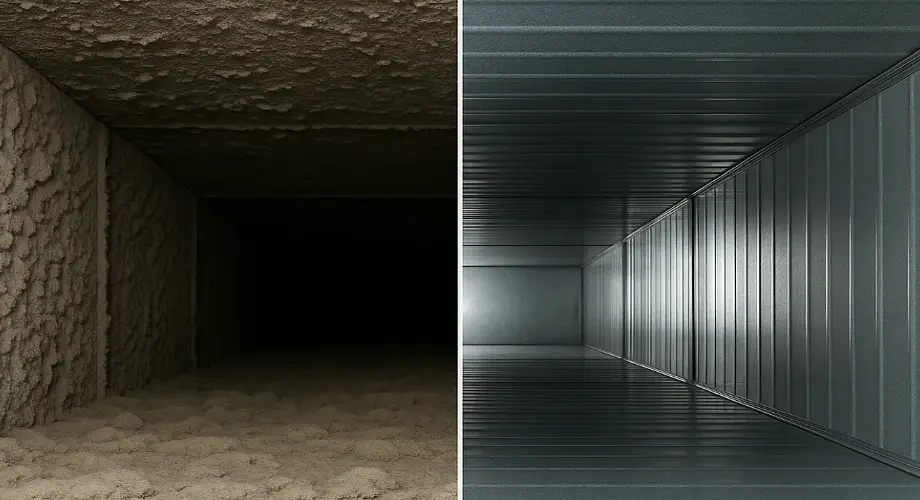 Side-by-side comparison of a dirty air duct with dust buildup and a clean, shiny air duct interior