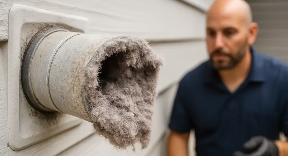 Dryer vent clogged with lint, with technician inspecting in the background