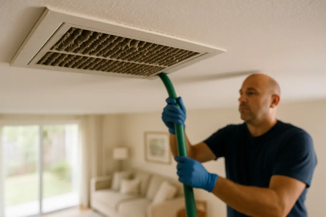 Technician cleaning inside a residential HVAC duct with a vacuum hose